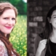 Composer Cheryl Frances-Hoad pictured in green field with yellow flowers. Black and white picture of poet Kate Wakeling, with a brick wall in background