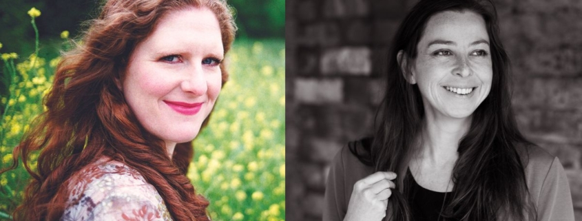 Composer Cheryl Frances-Hoad pictured in green field with yellow flowers. Black and white picture of poet Kate Wakeling, with a brick wall in background