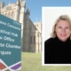 Southwell Minster on a sunny day with a festival sign in the front. On the right there is a head shot image of Amanda Farr. She has mid-length blond hair and is wearing a black jumper